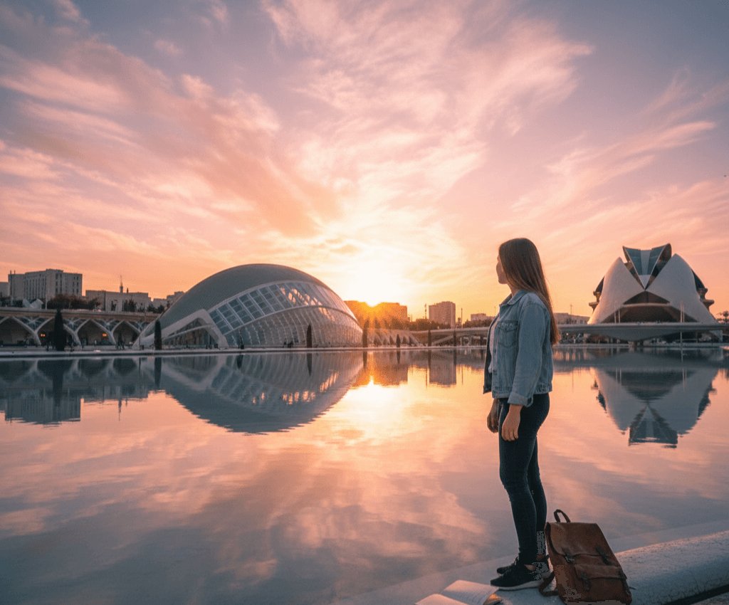 Student with backpack gazing at Valencia's City of Arts and Sciences at sunset