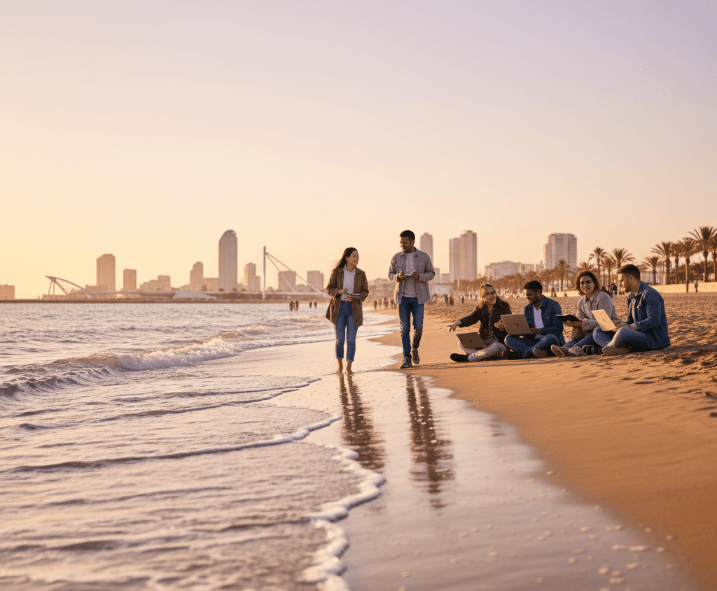 Young people enjoying the beach in Spain at sunset