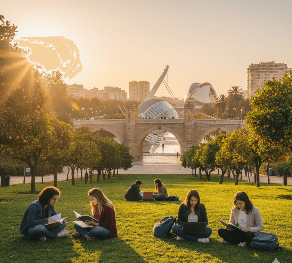 International students studying together in a park in Valencia