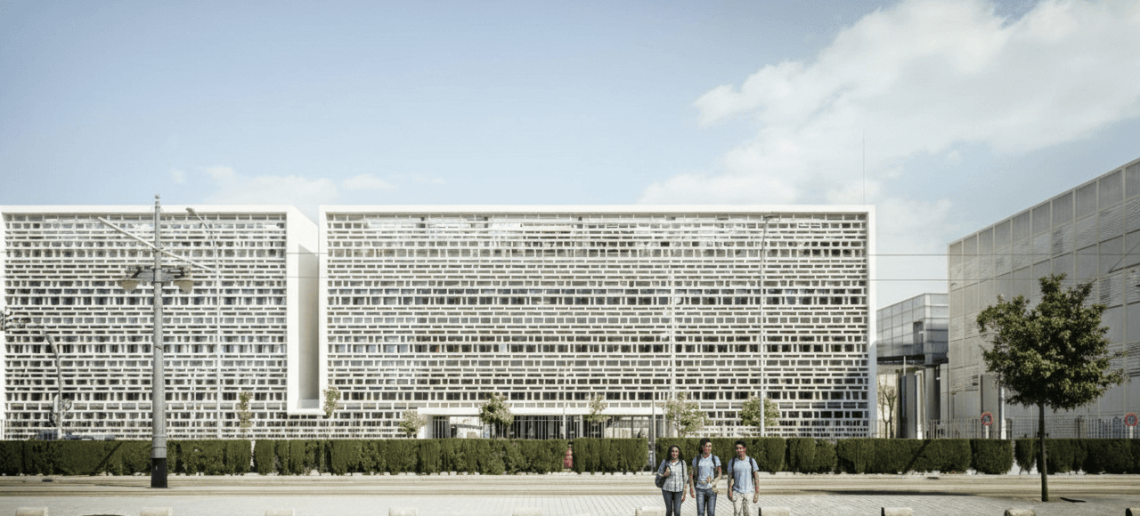 Contemporary university research building facade
