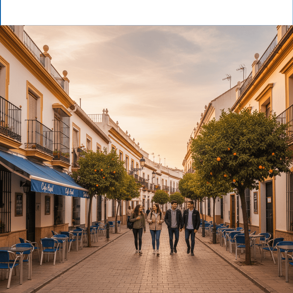 Madrid के tree-lined streets, apartment buildings और metro station के साथ neighborhood का aerial view