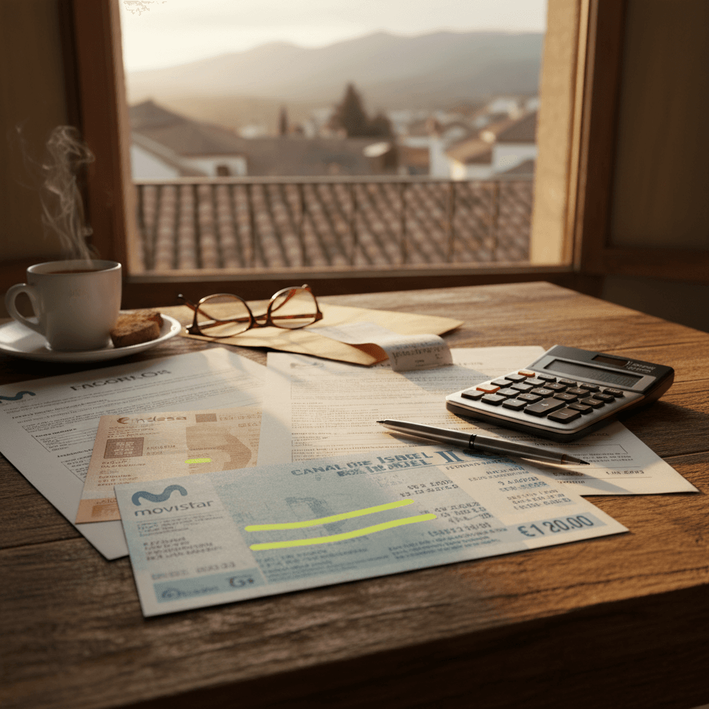 Student Spain के apartment में desk पर utility bills और contracts review कर रहा है