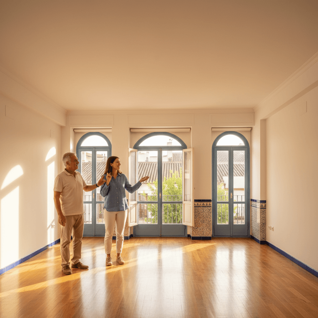 International student Spanish landlord के साथ rental paperwork review कर रहा है