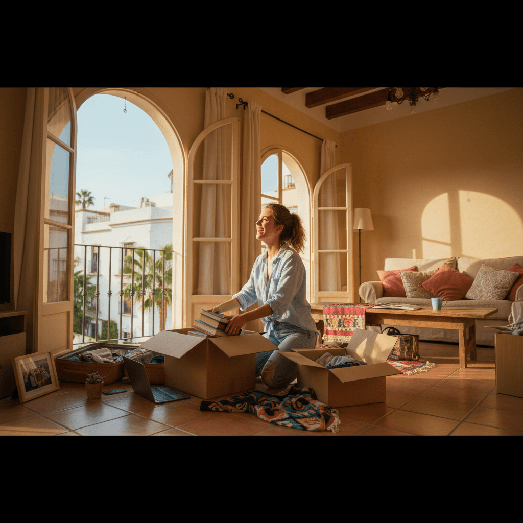 Student luggage के साथ Spanish city में hostel check-in कर रहा है